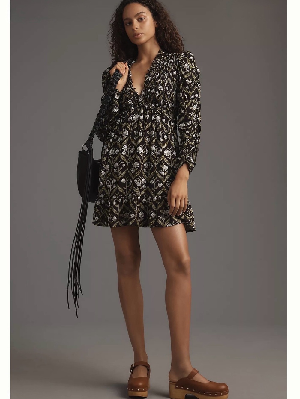 Anthropologie Long Sleeve V Neck Ruffle Mini Dress Ruched Smocked Fall Stunner